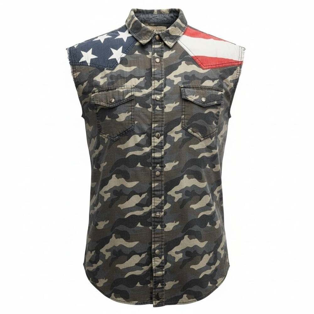 Cody James Camouflage Sleeveless Western Shirt Size L USA Flag